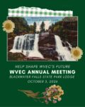 A deep green background with a vintage postcard with Blackwater Falls is flanked by daisies. Below the postcard it says: "Help Shape WVEC's Future" "WVEC Annual Meeting" "Blackwater Falls State Park on October 3, 2026"